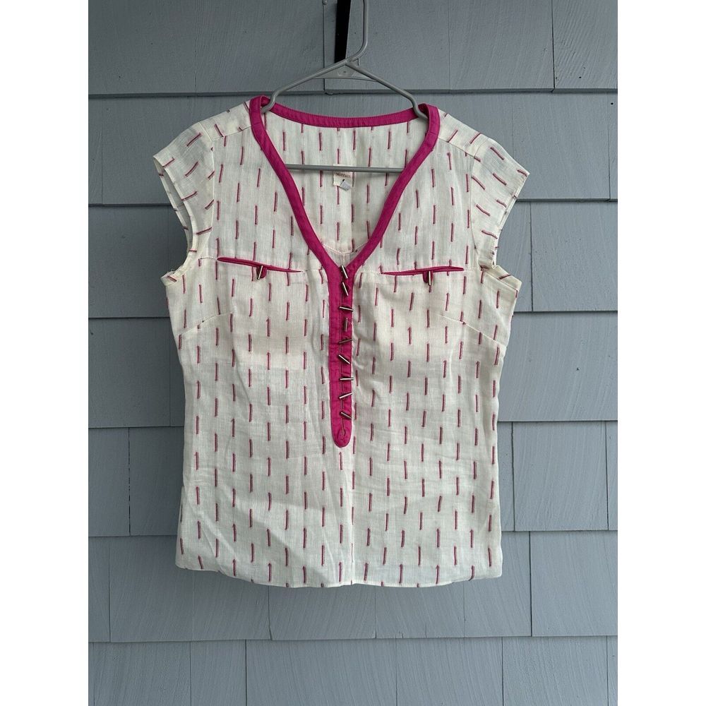 Lauren Moffatt Linen & Cotton Blend‎ V Neck Pink & Cream Cap Sleeve Top Sz M